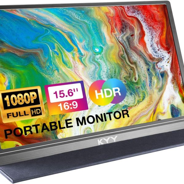 KYY Portable Monitor 15.6inch 1080P FHD USB-C, HDMI Computer Display HDR IPS Gaming Monitor w/Premium Smart Cover & Screen Protector, Speakers, for Laptop PC MAC Phone PS4 Xbox Switch