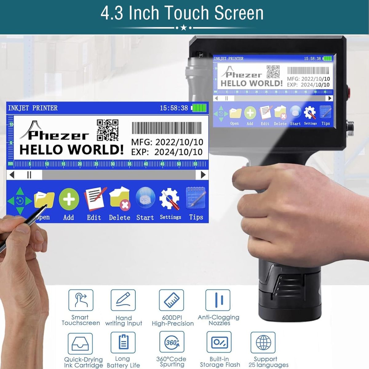 P15 Handheld Inkjet Printer for Flat Surface 0.5 Inch Nozzle for QRCode Barcode Production Date Time Logo Batch Number Print On Glass Bag Carton Box Wood Cloth Plastic Cable (25 Languages) - Image 3