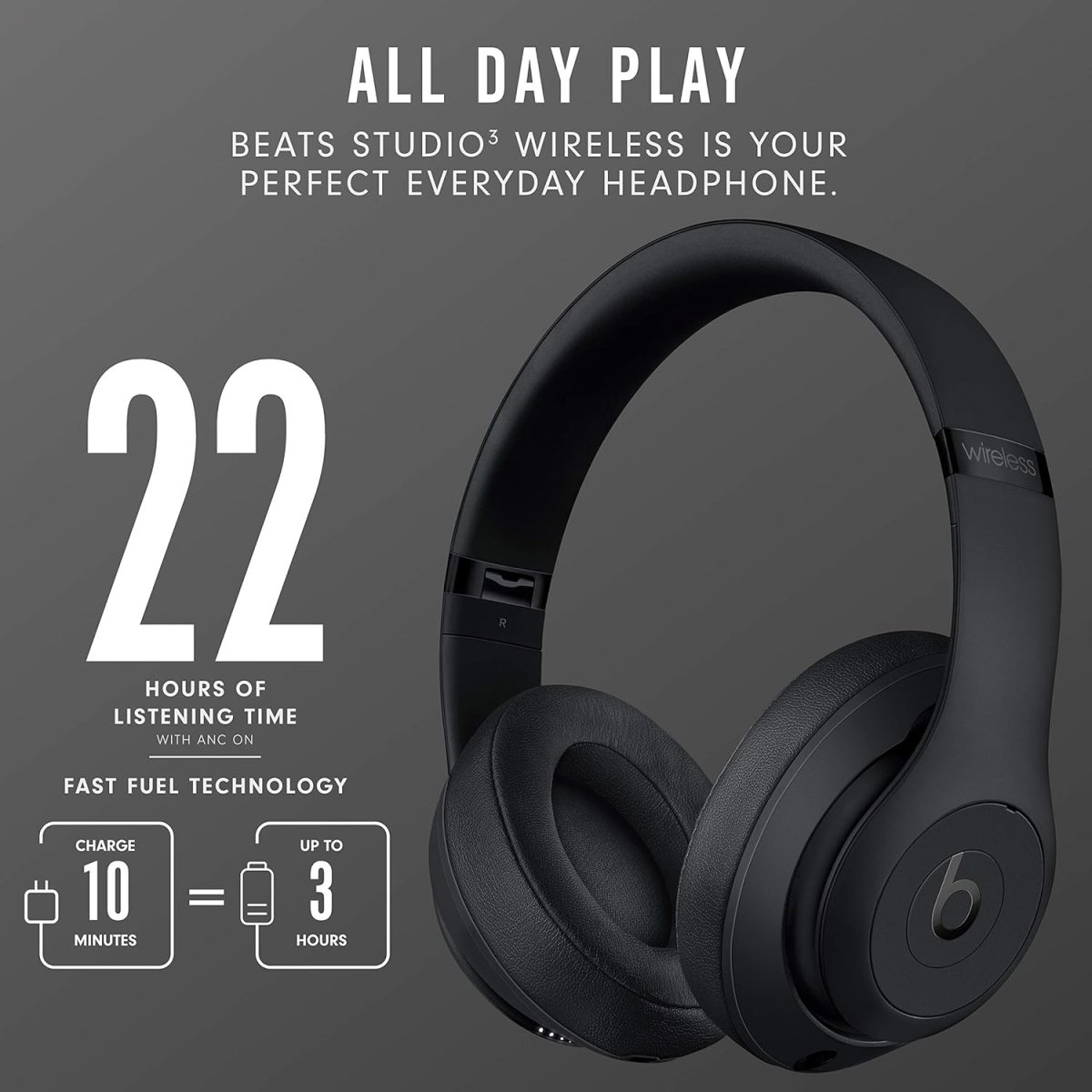 Beats Studio3 Wireless Noise Cancelling Over-Ear Headphones - Apple W1 Headphone Chip, Class 1 Bluetooth, 22 Hours of Listening Time, Built-in Microphone - Matte Black - Image 5