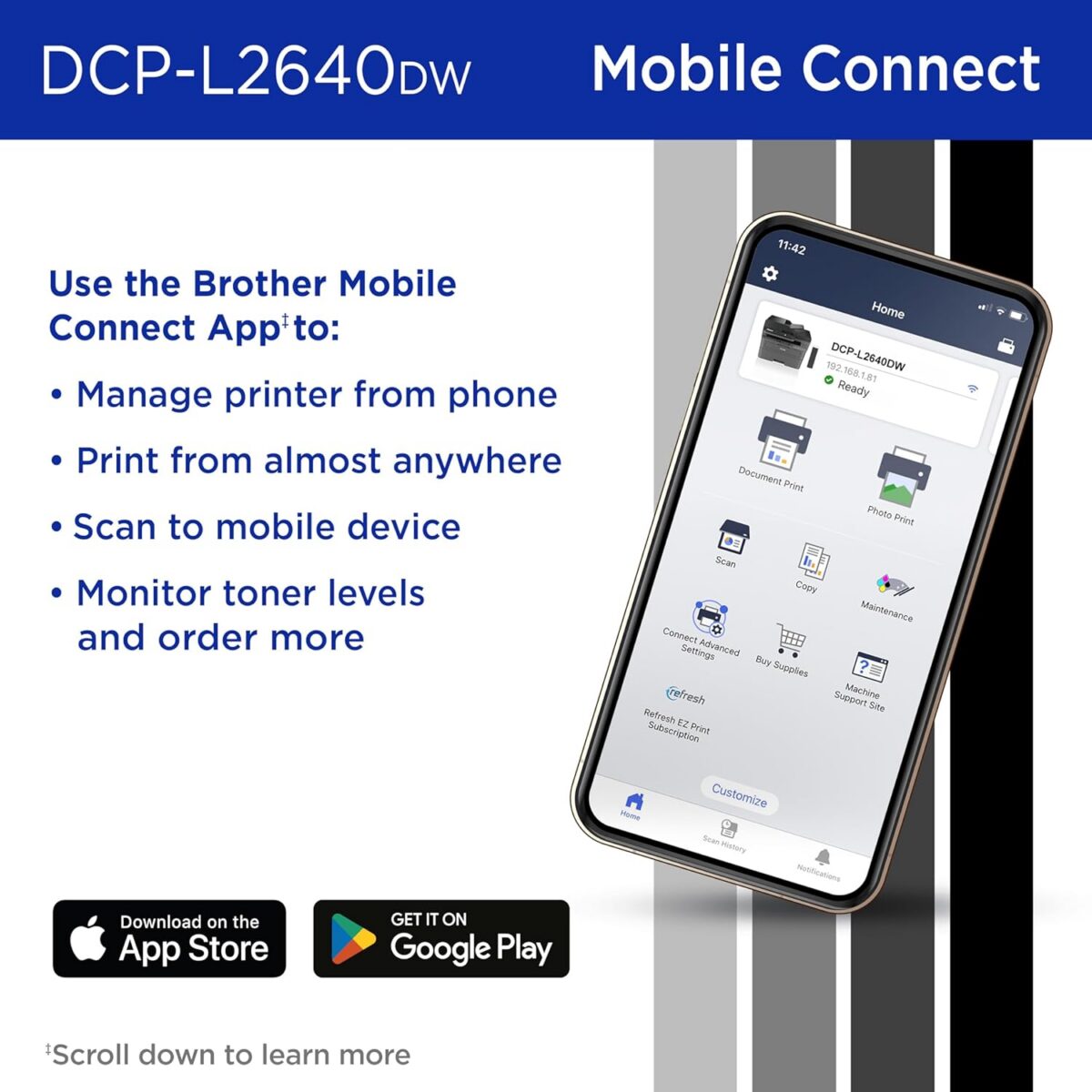 Brother DCP-L2640DW Wireless Compact Monochrome Multi-Function Laser Printer with Copy and Scan, Duplex, Mobile, Black & White | Includes Refresh Subscription Trial(1), Works with Alexa - Image 5