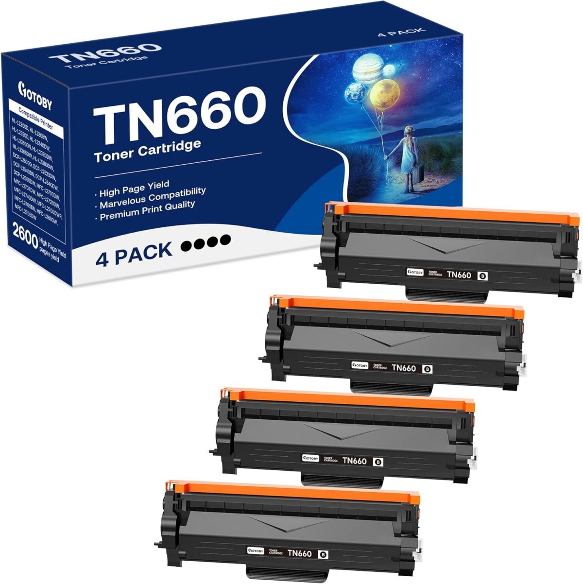 TN660 Toner Cartridge Replacement Compatible for Brother TN 660 TN-660 TN630 High Yield to use with HL-L2380DW HL-L2320D HL-L2340DW DCP-L2540DW MFC-L2700DW MFC-L2720DW Printer (Black, 4 Pack) - Image 1