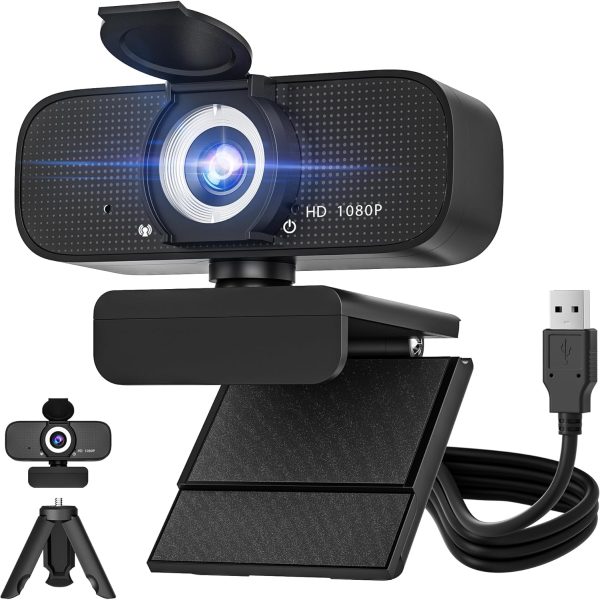 1080P Full HD Webcam with Built-in Microphone and Rotatable Tripod, Privacy Cover, for Desktop PC or Laptop Computer