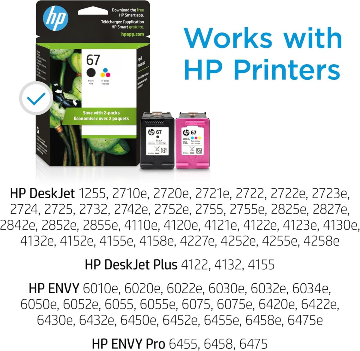 HP 67 Black/Tri-color Ink Cartridges for HP Printers | Works with Printer Series: DeskJet 1255, 2700, 4100; ENVY 6000, 6400 | Eligible for Instant Ink | 3YP29AN - Image 2